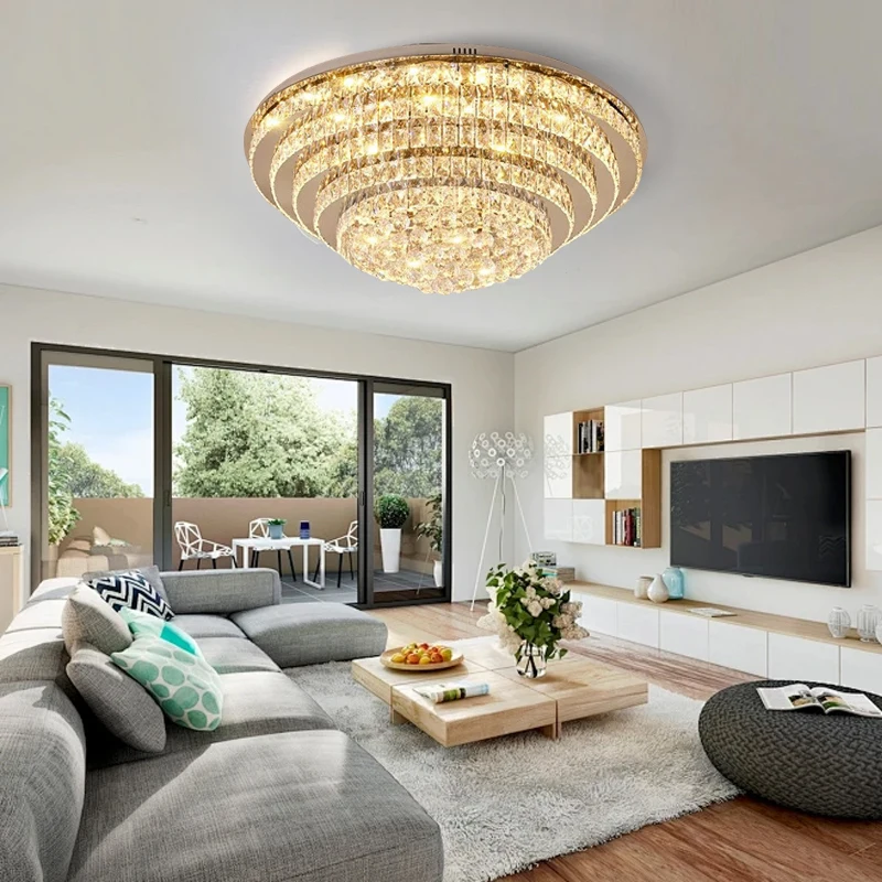 LED Modern Luxury Crystal Ceiling Lights, Luxurious Chrome Mirror Stainless Steel Ceiling Mounted Lamps for Living Room Bedroom