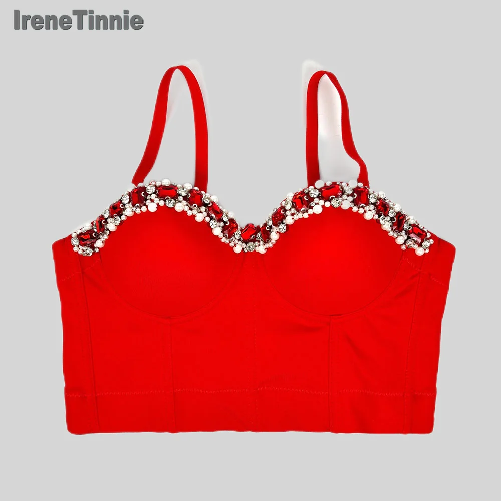 IRENE TINNIE Short Crop Top With Rhinestone&Pearl Bustiers Sexy Corset Colorful Tank Top Women's Binder Bra, 2025 Fashion