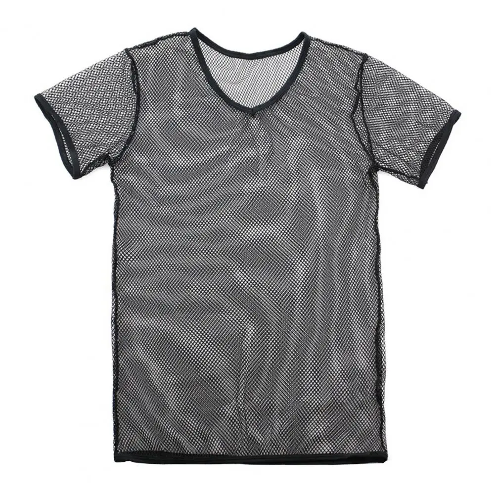 

Mesh T-shirt Breathable Men Tops V-Neck Short Sleeve See Through Tee Shirt Solid Color Men Sexy T-shirt Sleepwear Undershirt