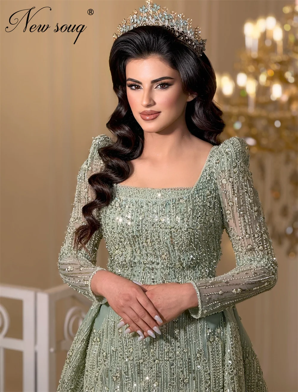 

Arabic Long Sleeves Evening Dresses Sage Green Sequins Beaded Prom Gowns Vestidos De Cóctel Customized Reception Party Dress