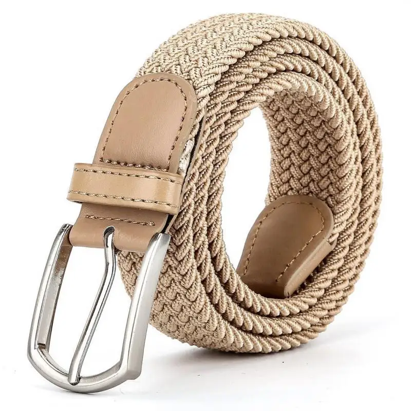 110cm Length New Men Brown Beige Elastic Braided Belt 2024 Casual Women Canvas Korean All match Pin Buckle High Leather