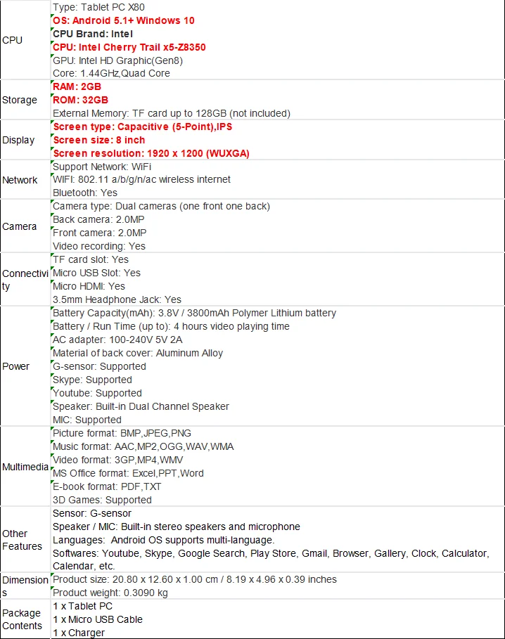 8 INCH Z8300 CPU T10 64 Bit 4GB RAM 64GB ROM AR1 Windows 10 Tablet PC 1280 X 800 IPS Screen Quad Core Dual Cameras