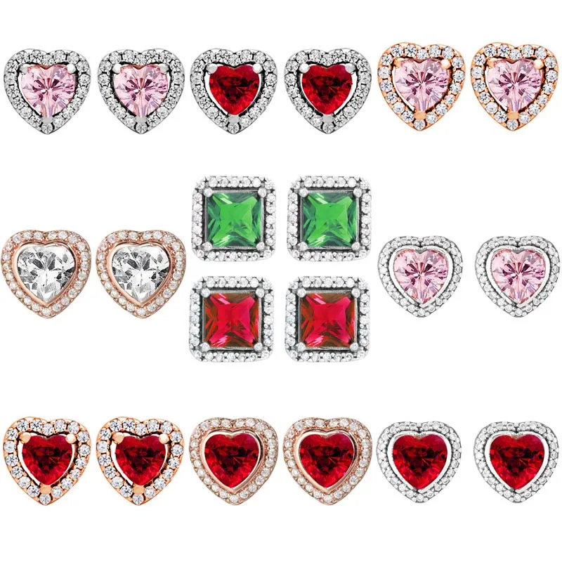 Authentic 925 Sterling Silver Rose Elevated Heart Timeless Elegance Stud Earring With Red Pink Crystal For Women Jewelry Gift