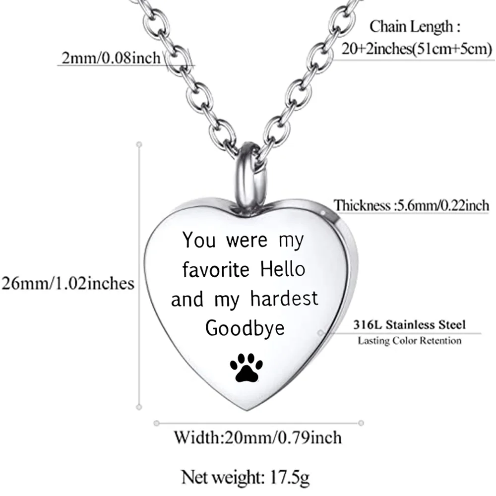 Silver Urn Necklace for Pet Ashes Paw Print Cremation Necklace Women Keepsake Memorial Pendant Jewelry Gift -With filling funnel