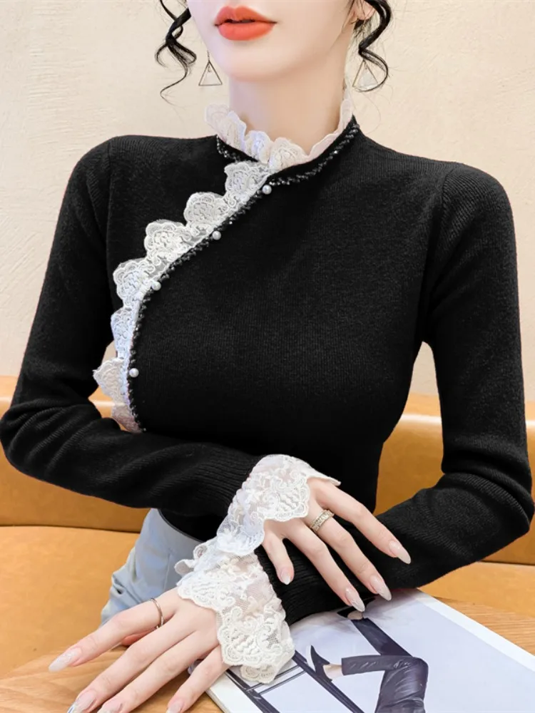 เสื้อสเวตเตอร์ถักคอสูงแต่งลูกไม้สำหรับผู้หญิง แขนยาว ทรงเข้ารูป สไตล์ลำลอง สำหรับฤดูใบไม้ผลิและฤดูใบไม้ร่วง รุ่นใหม่