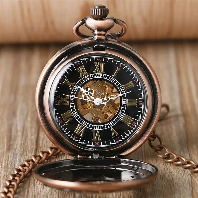 Clássico rosa ouro relógio de bolso esqueleto mão enrolamento relógio mecânico escultura flor design pingente corrente número romano dial presente