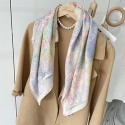 90CM Silk Wool Scarf Women Head Neck Bag Bandannas Winter Accessories Cashmere Scarves Luxury Brand Hand Rolled Edges Shawls