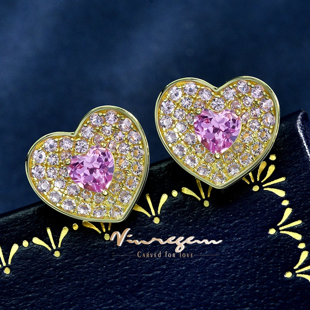 Vinregem Pass Test 5 MM Heart Cut Colorful Sapphire High Carbon Diamond Gems Earrings Ear Studs 925 Sterling Silver Fine Jewelry