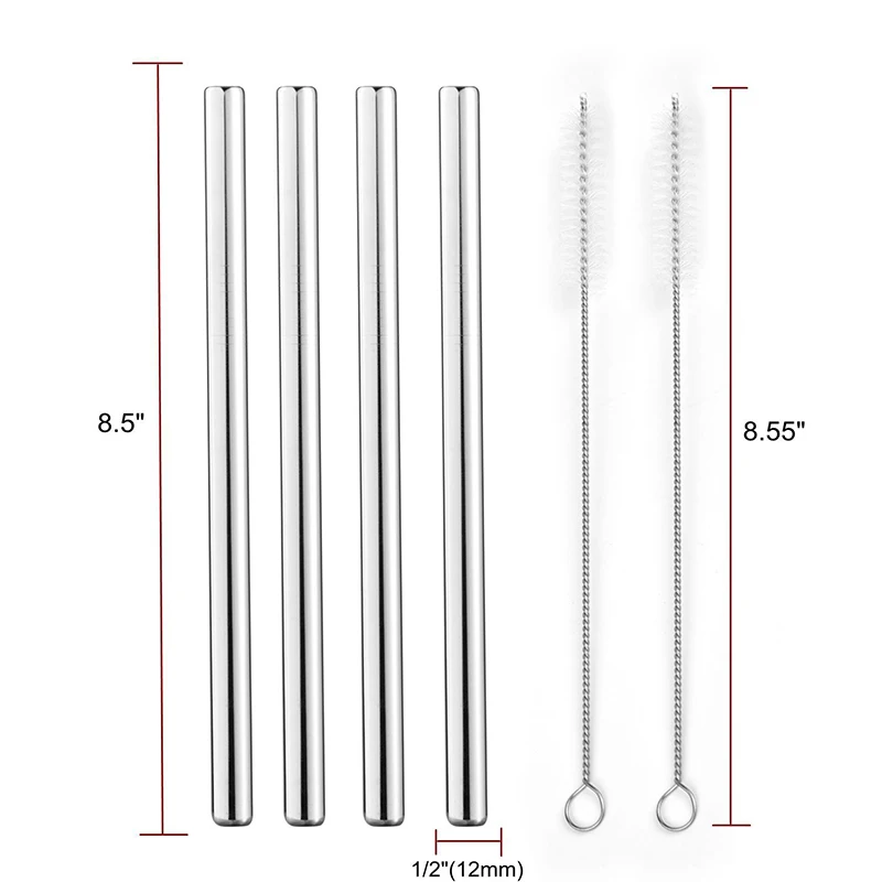 Reusable Boba Drinking Straws with Cleaning Brush 4Pcs Extra Wide Stainless Steel Metal Bubble Tea Straw for Smoothie MilkShakes