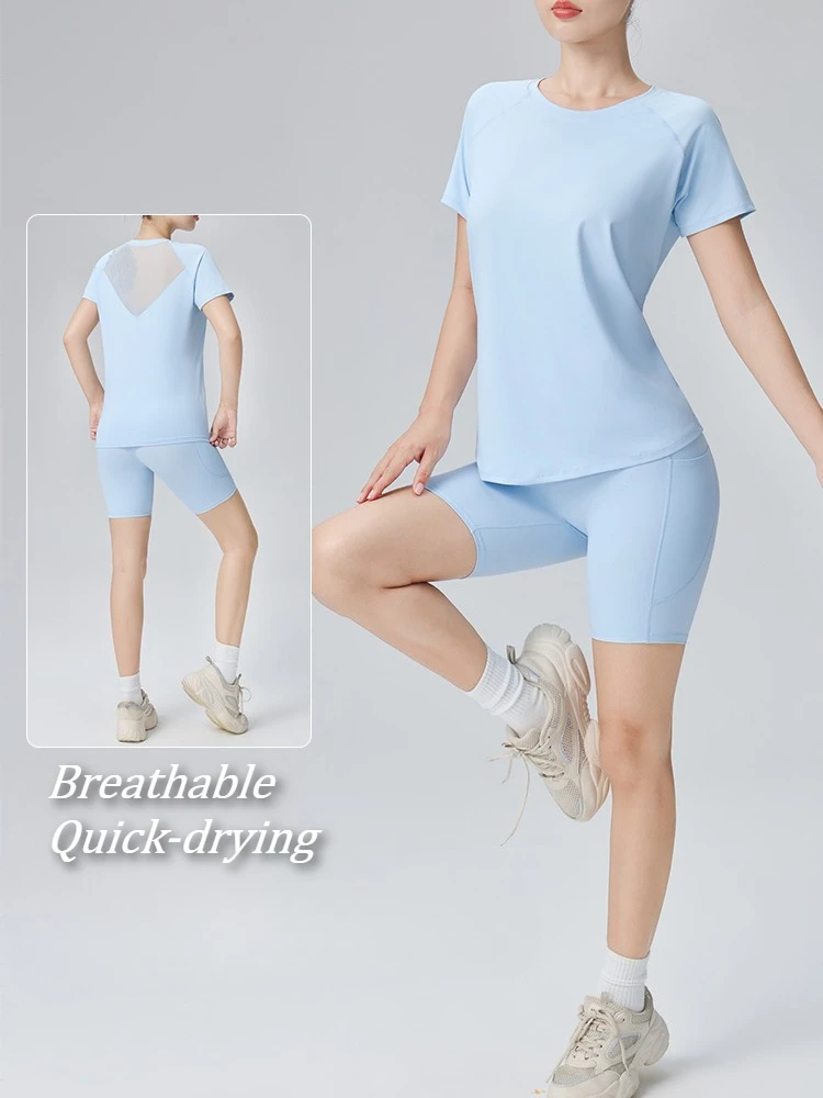 Women Loose Mesh Back Yoga T-Shirt Shorts Set Quick Dry Breathable Short Sleeve Suit Summer Gym Pilates Workout Yogasuit