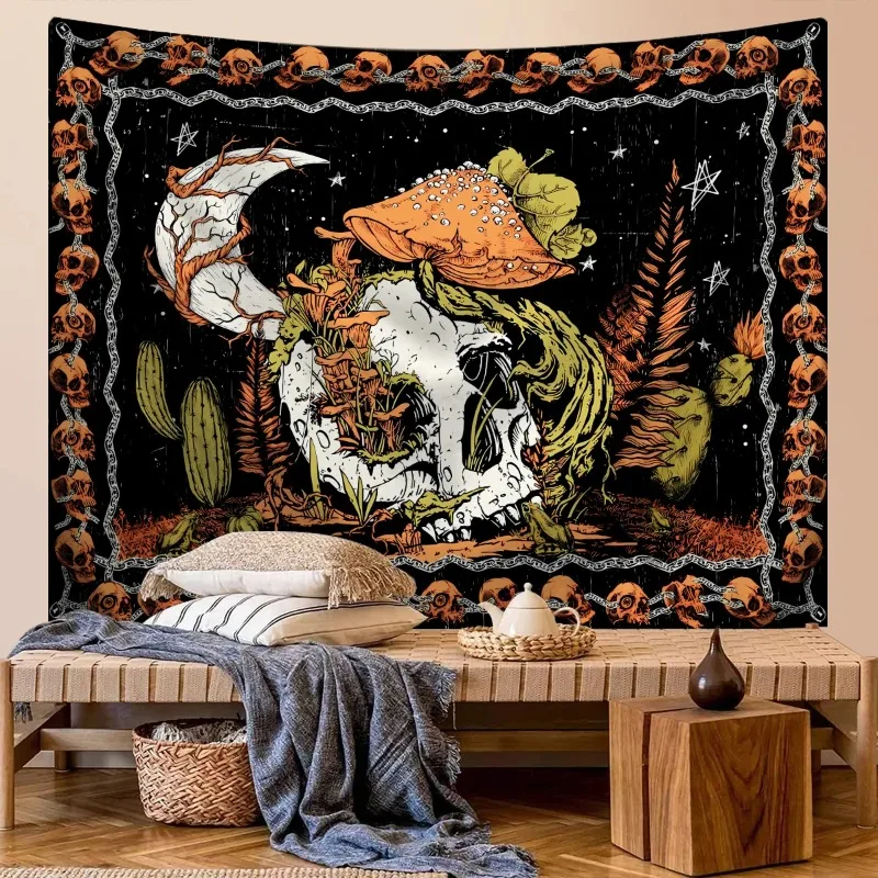 

1pc human skull tapestry, moon starry sky mushroom tapestry, bedroom and living room aesthetic decoration 180X320CM