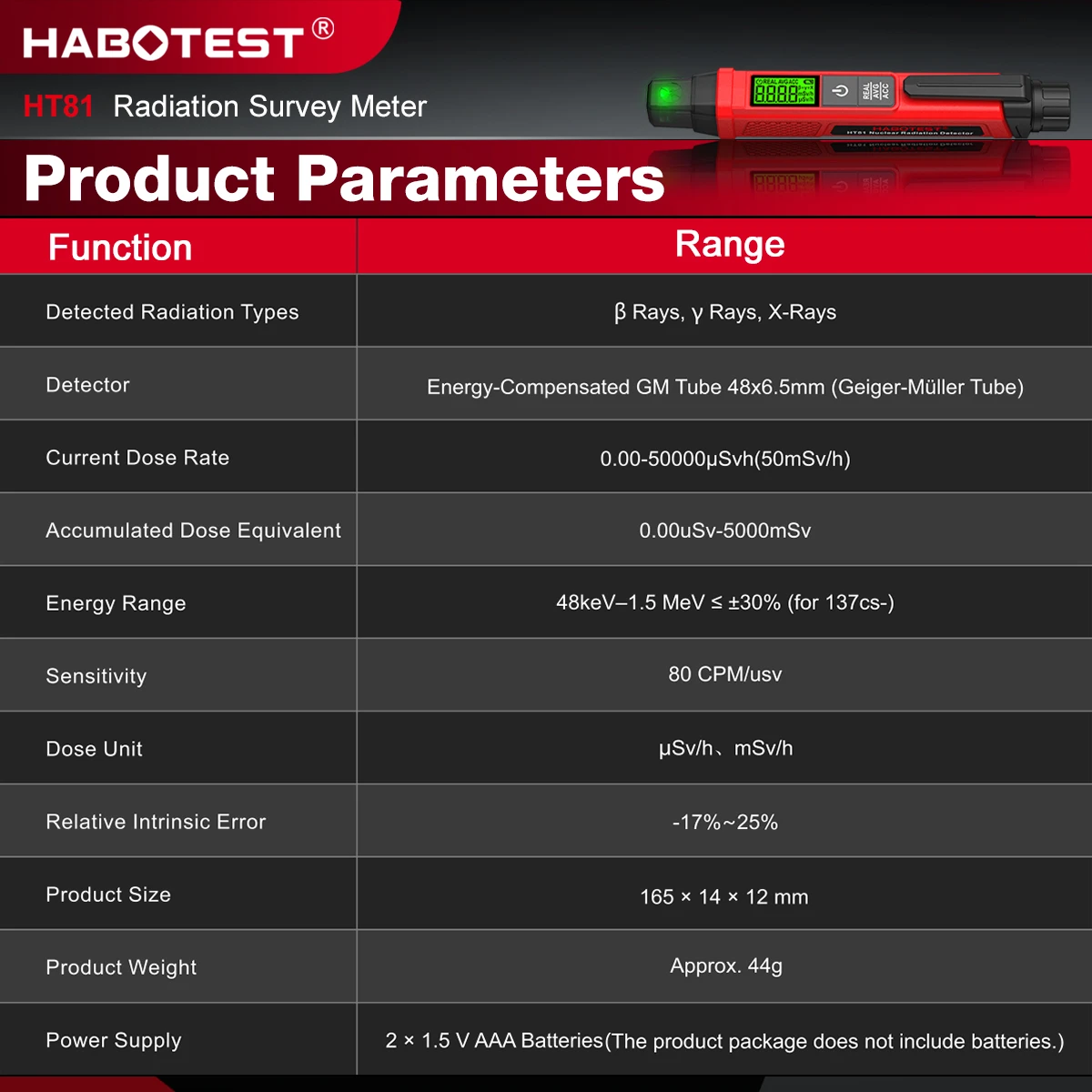 HABOTEST HT81 قلم كاشف الإشعاع النووي المحمول جيجر عداد الجرعات لاختبار حجر جوهرة خام الأورانيوم