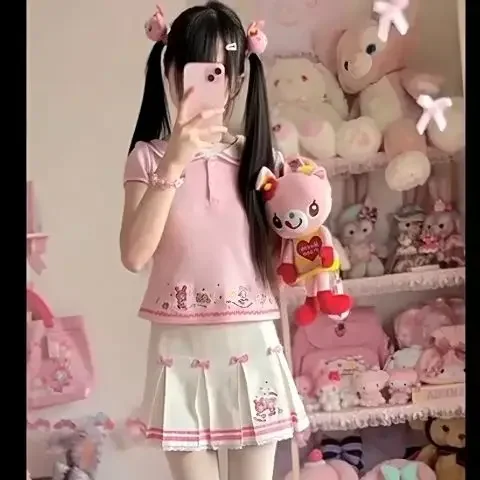 

Autumn Sweet Girl 2 Piece Sets Sailor Collar Cartoon Embroidery Y2k Top + Cute Pink Pleated Skirt Sets Daughter Clothing Suits