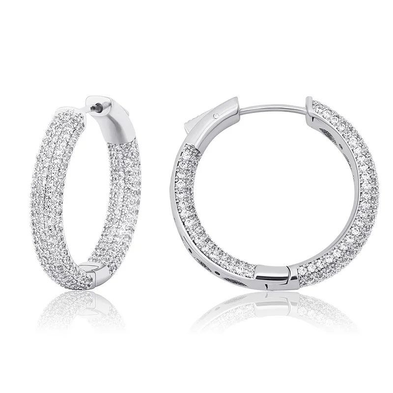 Iced Out Full Paved Cubic Zirconia Huggie Hoop Earrings Real Gold Plated Hip Hop Ear Buckle, Unisex Fashion Men Women Jewelry