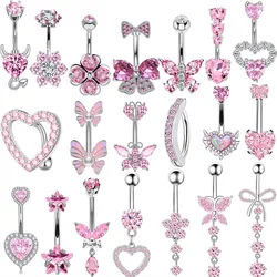 Anneaux de nombril couronne rose pour femmes et filles, piercing au nombril en acier inoxydable, bijoux mignons en cristal Barbell, 1PC