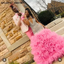 EVLAST Customized Pink Ruffles Prom Dress For Black Girls Silver Diamonds Beaded Formal Party Gala Gown Vestidos De Fiesta P94