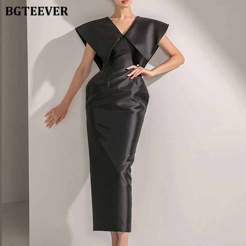 BGTEEVER élégant revers femmes paquet robe de hanche printemps été mode taille mince sans manches dames robe moulante