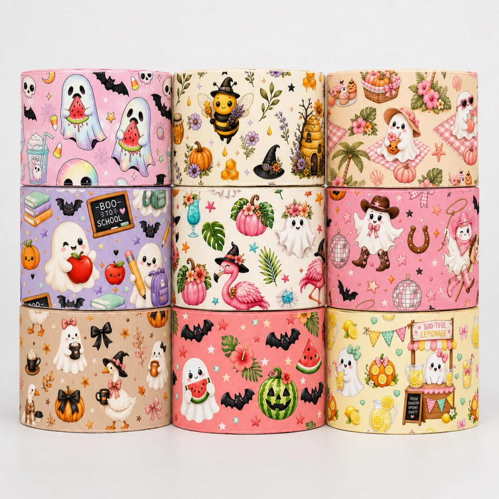 Halloween Fruit Printed Cartoon Ghost 5yards Grosgrain Ribbon for Cheer Bows DIY Girl Headwear Hair Bows Satin Ribbon