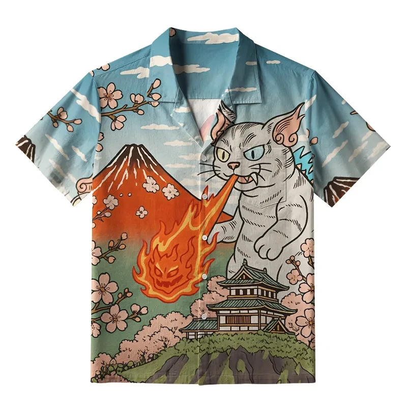 عادية قميص هاواي صيفي رجل ريترو اليابانية ثلاثية الأبعاد نمط الرجال قمصان مانغا الحيوان القط طباعة الرجال الملابس المتضخم قمصان تنفس