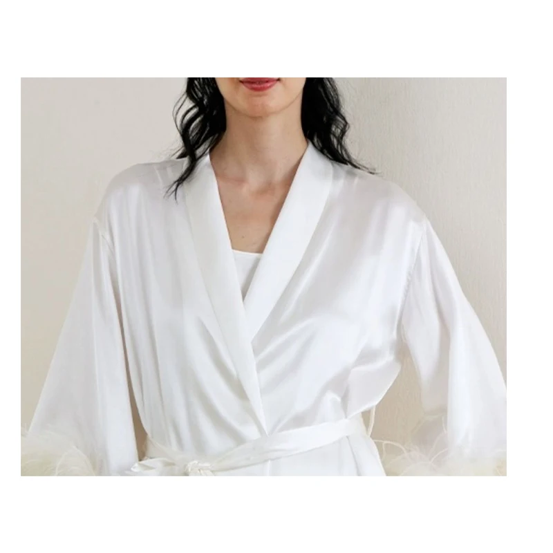 Luxury Mulberry Silk Women's Pajamas Baby Blue Silk Casual Home Wear Feather Cuff Decoration High-end Women Comfortable Loose - view 5