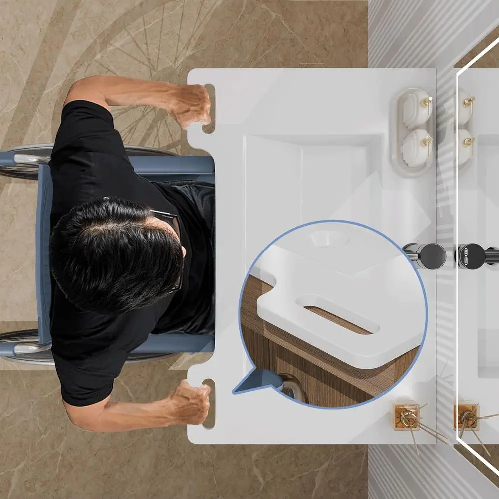 خزانة عائمة من الراتنج الحجري المتوافق مع ADA مع خزانة عائمة، ودعم يدوي حديث لكبار السن والمعاقين وكبار السن