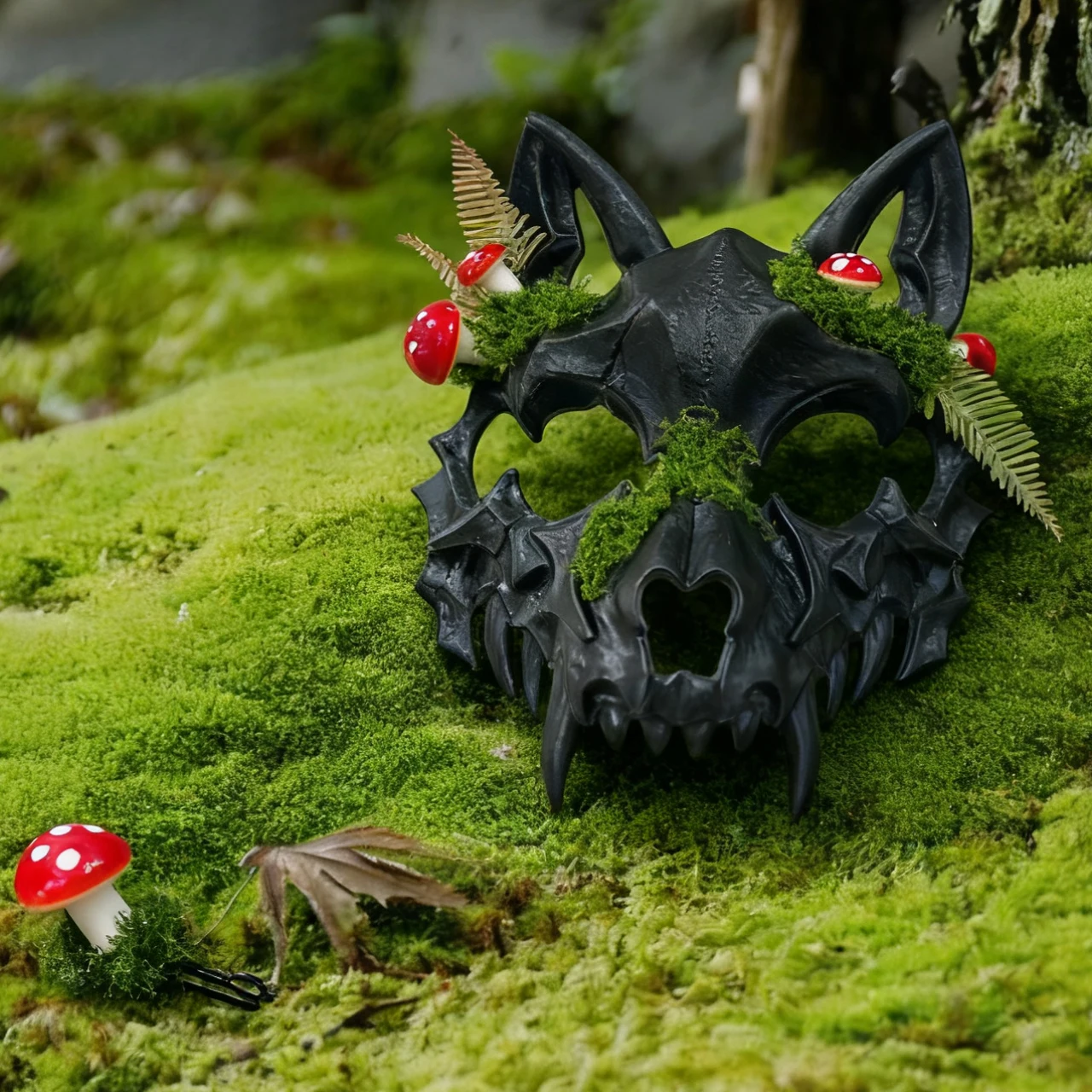 قناع جمجمة الذئب مع الطحلب والفطر الأحمر والفرن + مجموعة مشابك شعر الفطر، كوسبلاي أسود كامل الوجه، قناع الهالوين