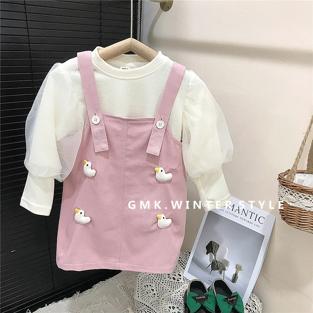 

RAISE Весенний комплект одежды из 2 предметов для девочек, хлопковый тюль, однотонные пуловеры с объемными рукавами, свободные штаны с 3D ремешками, костюм для маленьких девочек