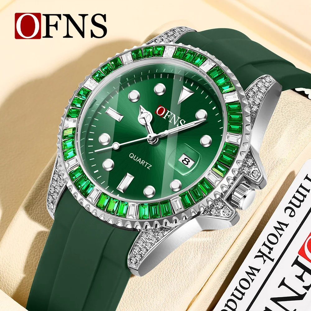OFNS Fashion Men's Watch Green Water Ghost Calendar Quartz Watch Night Light Waterproof Diamond Inlaid Men's Watch 7101