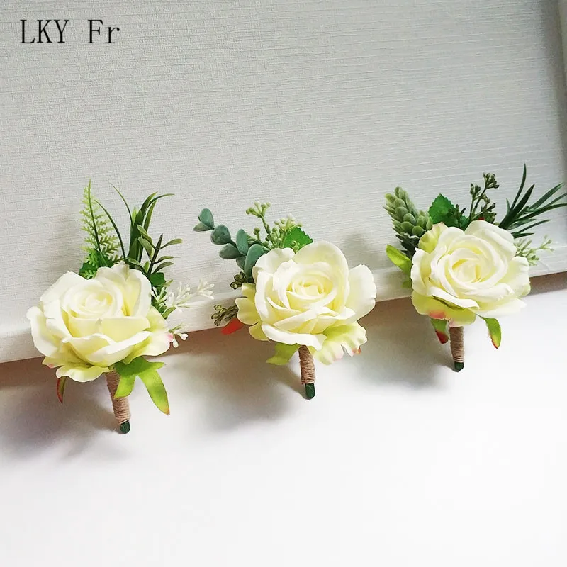 LKY FR boutonnieres อุปกรณ์จัดงานแต่งงานเจ้าบ่าวเข็มดอกไม้ผ้าไหมข้อมืองาช้าง Corsage boutonniere mariage กำไลข้อมือแฟชั่น Homme