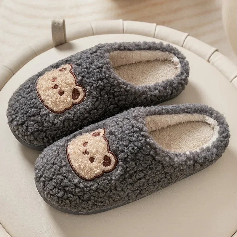 Plush Slippers Cartoon Bear Fur  Winter Warmth Women  Non Slip Household Shoes Indoor Couple Cotton Slippers