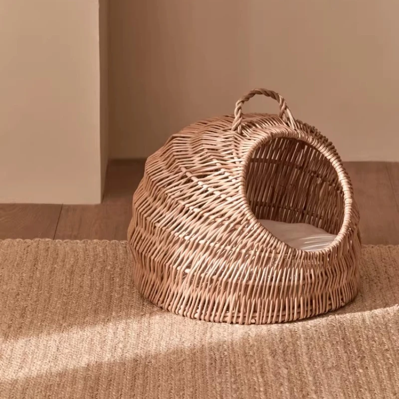 

Плетеная лежанка для кошек из ротанга, съемная кровать для маленьких собак, дышащая плетеная корзина для сна для животных, доступна для всех сезонов, уютное кошачье гнездо
