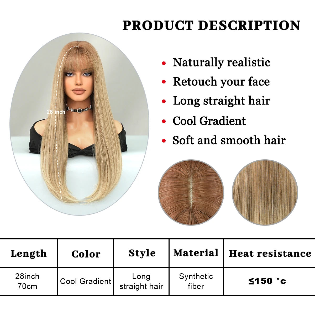 PARK YUN Long Straight Light Brown Wig With Bangs for Women Daily Party High Density Gradient Blonde Wigs Heat Resistant Fiber