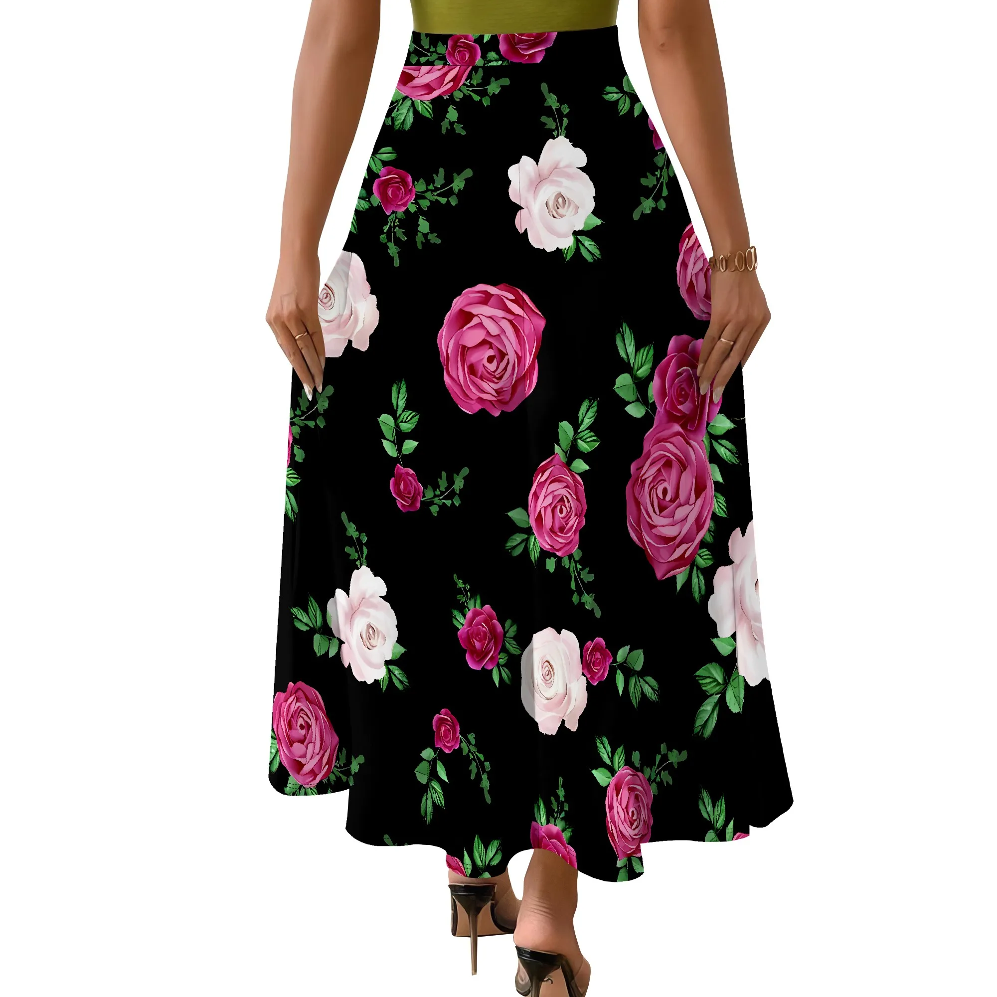 Spódnica Nupusa z nadrukiem róż dla kobiet, rozmiar regularny, letnia, codzienna spódnica midi z wysokim stanem