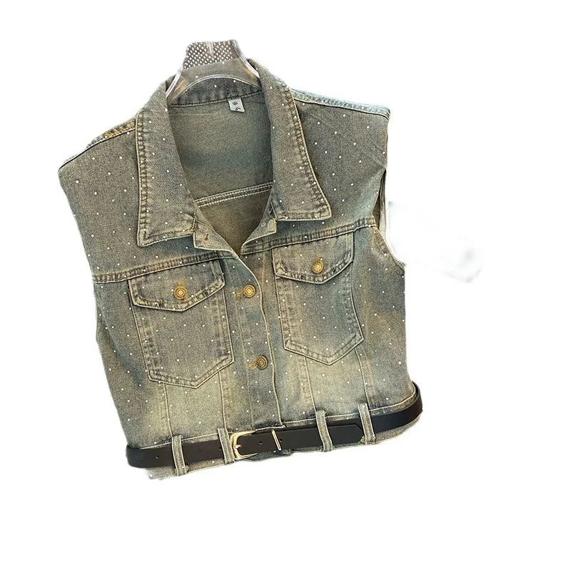 2026 Spring Summer Women's Denim Vest Coat Korean Version Lapel Ladies Cowboy Vest Retro Versatile Short Style Lady Horse Clip