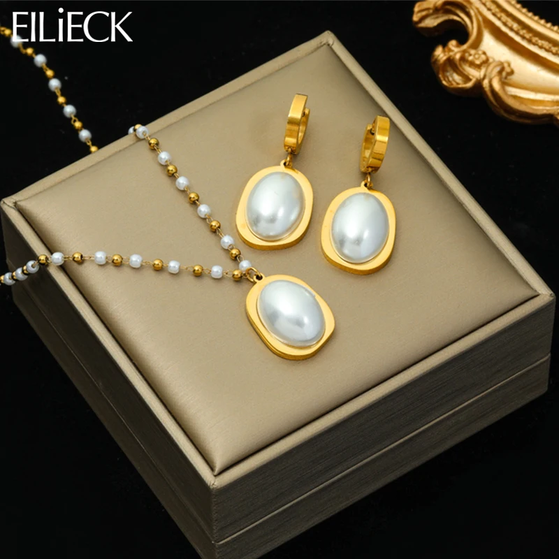 EILIECK 316L Stainless Steel Luxury Pearl Pendant Necklace Earrings For Women Girl Fashion Colorfast Jewelry Set Holiday Gift