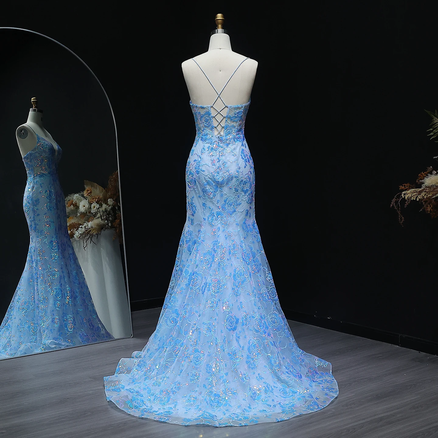 Sharon Said Affascinante corsetto blu trasparente abito da ballo lungo con cinturino per spaghetti abiti da festa da sera SH219 personalizzato