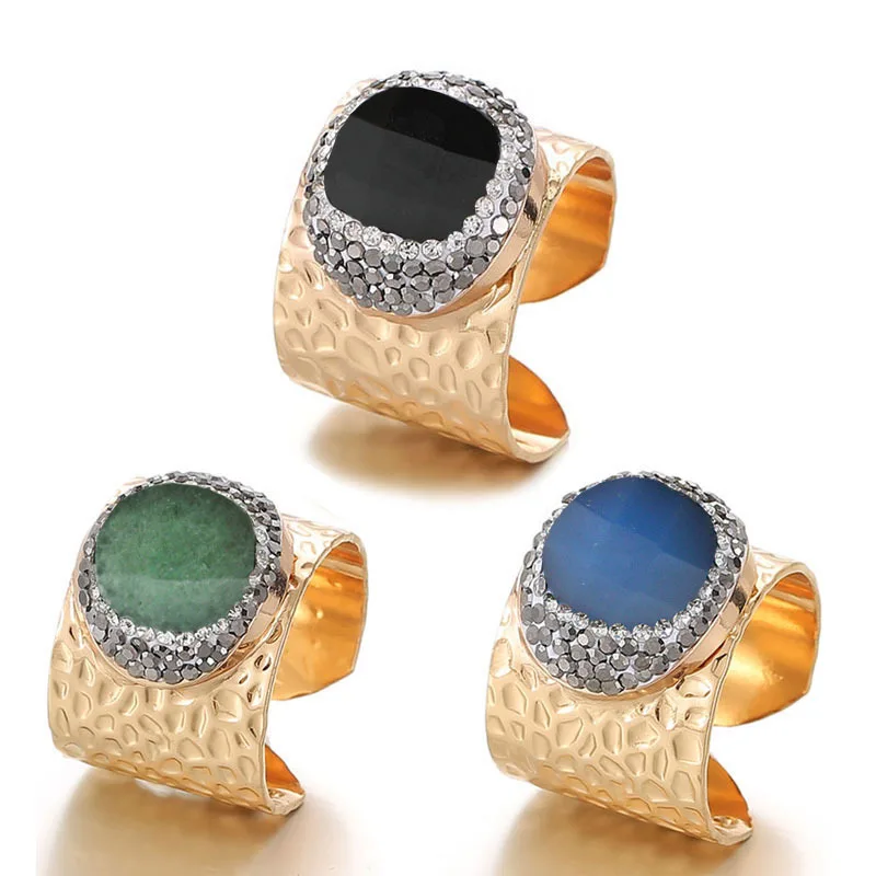 

Handmade genuine natural agate interface point crystal ring, round interface cut surface point wrapping adjustable cross-border