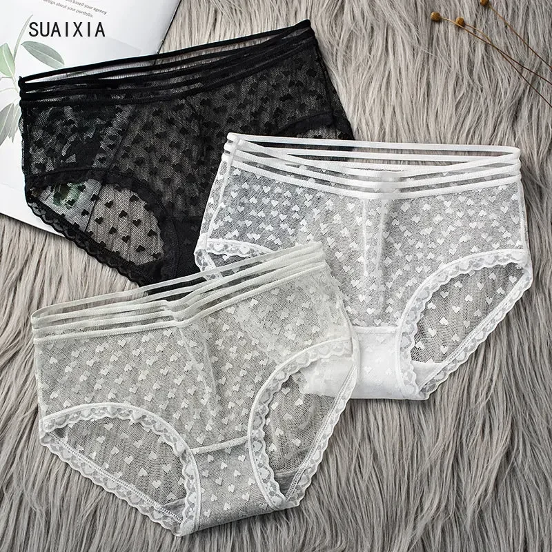 Women's Panties Sexy Translucent Heart Jacquard Hollow Lace Trim Cotton Crotch Mid Waist Briefs