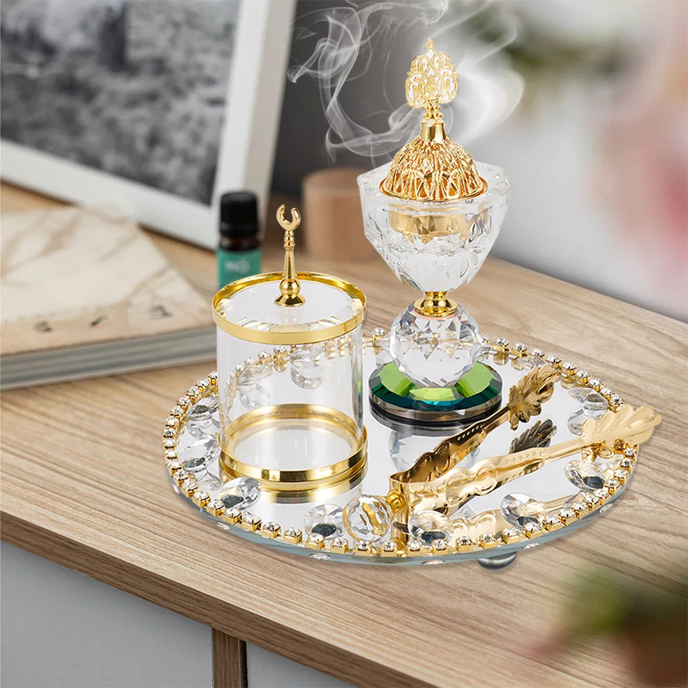 4Pcs Crystal Incense Burner Suit Arabic Muslim Ramadan Crystal Bakhoor Incense Censer Bright Diamond Dubai Home Ornaments