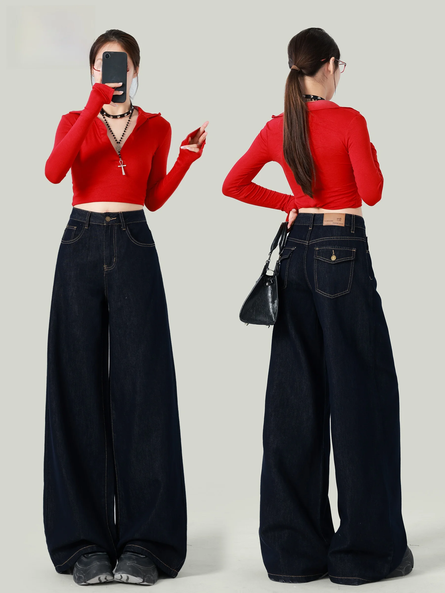 

Lacele High Waist Wide Leg Denim Jeans Women's Autumn New Loose Fade Resistant Drapey Slimming Floor Length Pants Casual Style