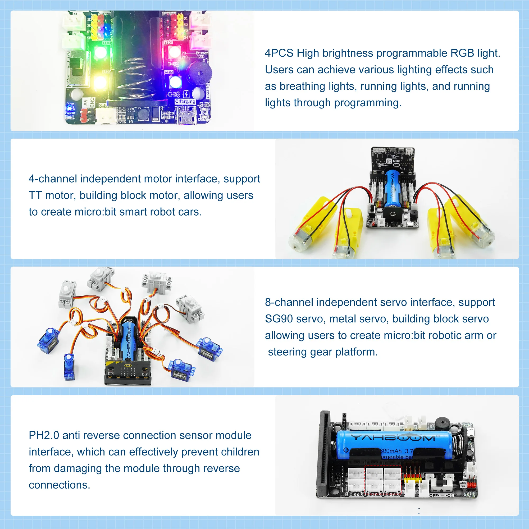 Microbit Expansion Board with Motor Servo Interface and Sesnor Module PH2.0 Port On Board Buzzer RGB Light  Python Programming