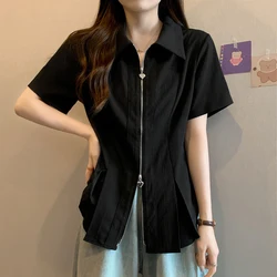 Y2K Women Zipper Shirt Korean New Chic Turn Down Collar Short Sleeve Female Blouse Summer New All Match Solid Ladies Casual Tops