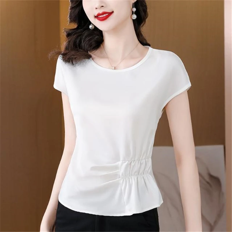 2023 Summer Women High Quality Satin Ruffled Elegant T Shirt Fashion Office Ladies O Neck Solid Short Sleeve Tops Ropa De Mujer