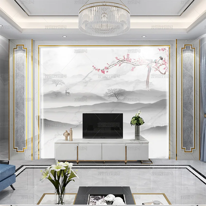 custom 3D New Chinese Light luxury ink landscape wallpaper peach blossom bird living room TV background wall bedroom mural 8d