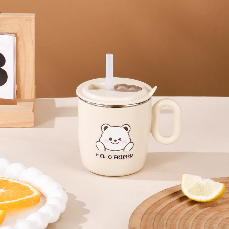 

1 Set Detachable Kid Drinking Mug 316 Stainless Steel Straw Cup With Handle Cartoon Drinkware Reusable Double Layer Water Cup