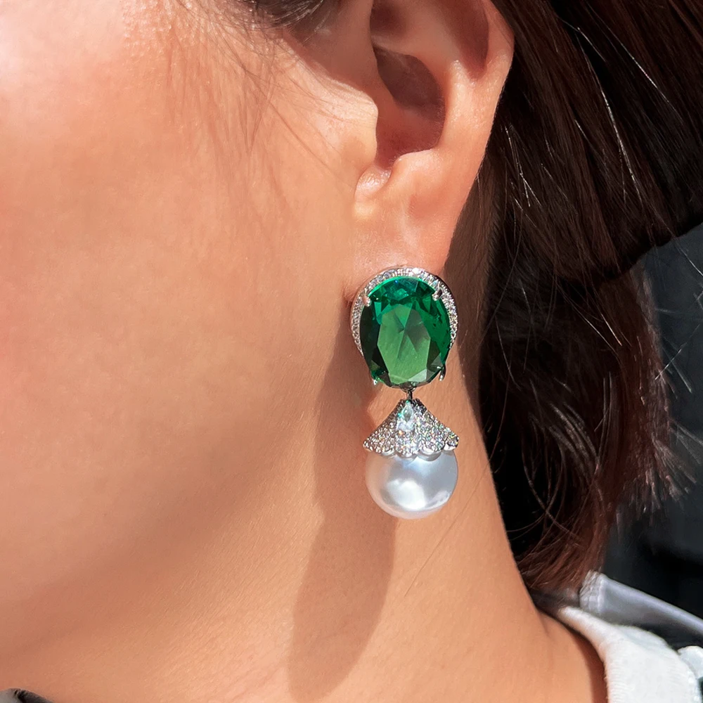 ThreeGraces Elegant Green Cubic Zirconia Big Simulated Pearl Drop Earrings for Women Luxury Bridal Wedding Party Jewelry E1933