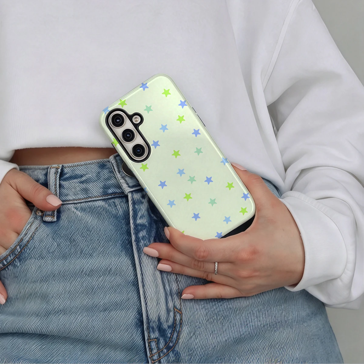 Mint Blue Green Stars Phone Case For Samsung Galaxy S26 S25 Ultra S24 S23 Plus Hard Shock‑Absorption 2-in-1Protective Cover