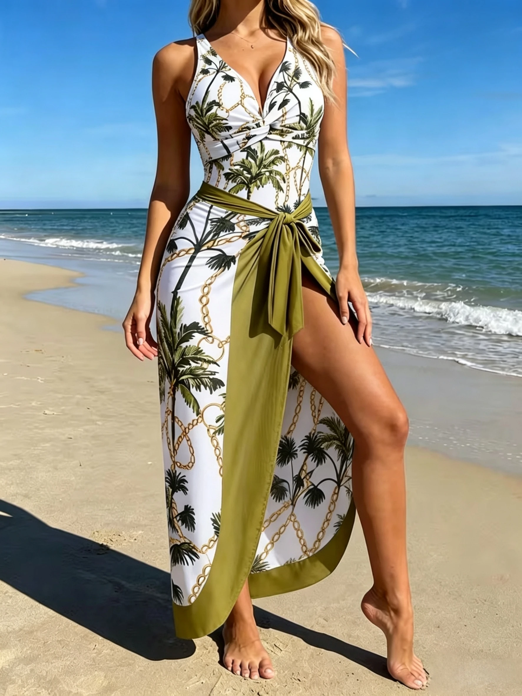 Conjunto de Biquíni Feminino de Duas Peças, Estampa de Coqueiro com Tela, Popular na Europa e América, Ideal para Férias na Praia