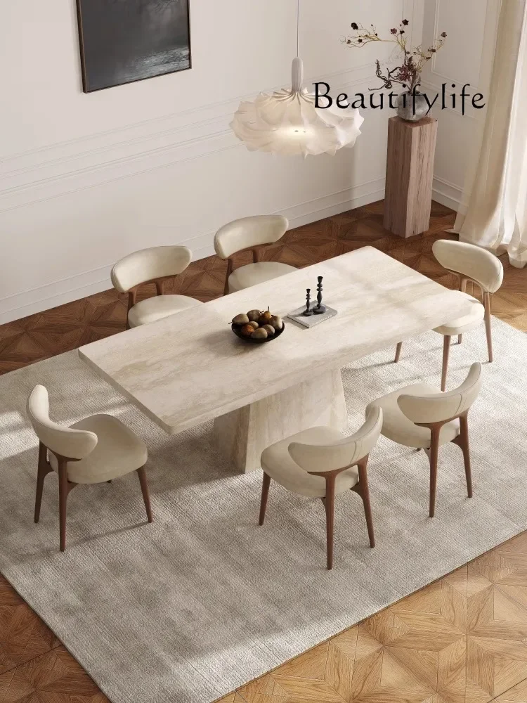 French retro travertine rock slab dining table hanging rectangular designer travertine dining table dining chair combination