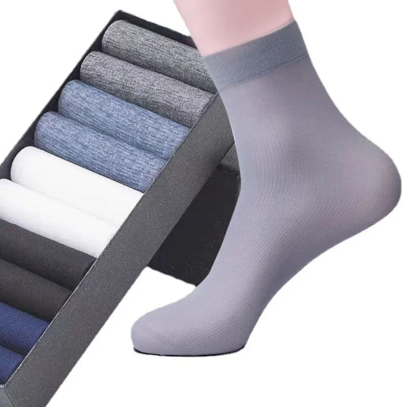 10Pairs Men Socks Summer Ultra-thin Stripe Breathable Socks Ice Silk Bamboo Fiber Antibacterial Solid Business Men Long Socks